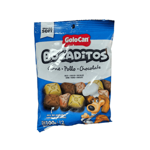 Bocaditos golocan x 100 gr  sabor carne,pollo,chocolate